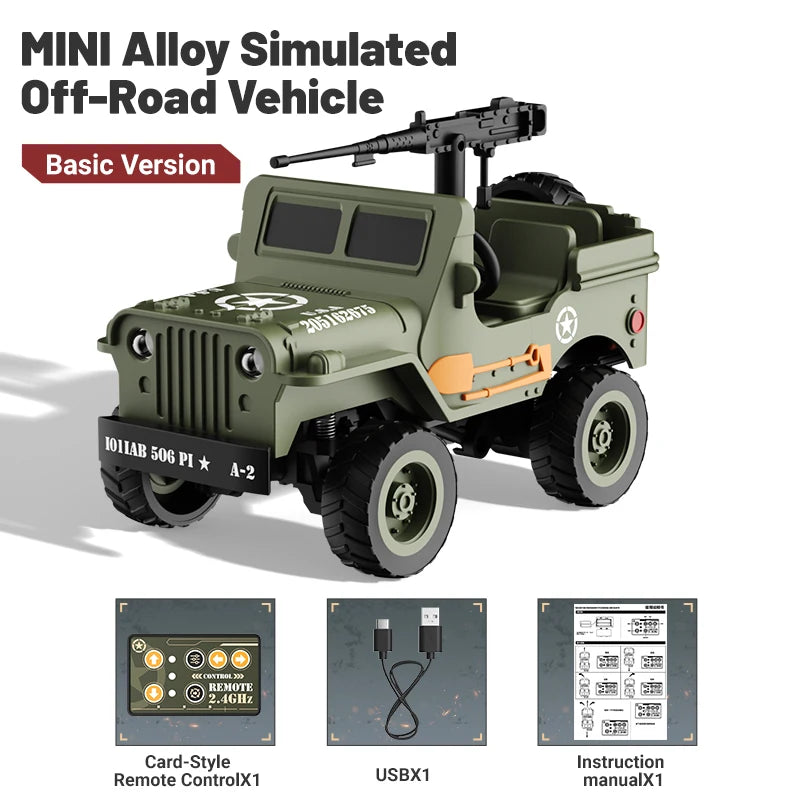 A basic version of a MINI Alloy Simulated Off-Road Vehicle, a green RC jeep model with accessories.