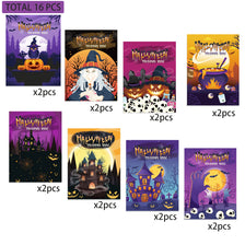 A set of 16 Halloween themed coloring pages featuring spooky characters, pumpkins, and haunted houses.