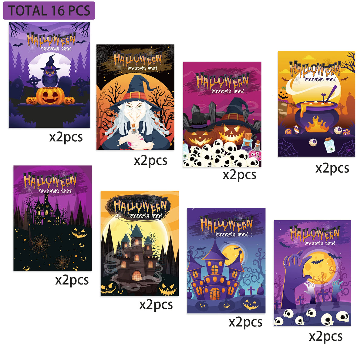 A set of 16 Halloween themed coloring pages featuring spooky characters, pumpkins, and haunted houses.