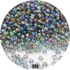 A close-up view of colorful round loose glass seed beads in various shades of blue, green, and purple.