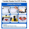Instructions for using transfer powder for DTF printing, showing steps from printing to heat pressing.