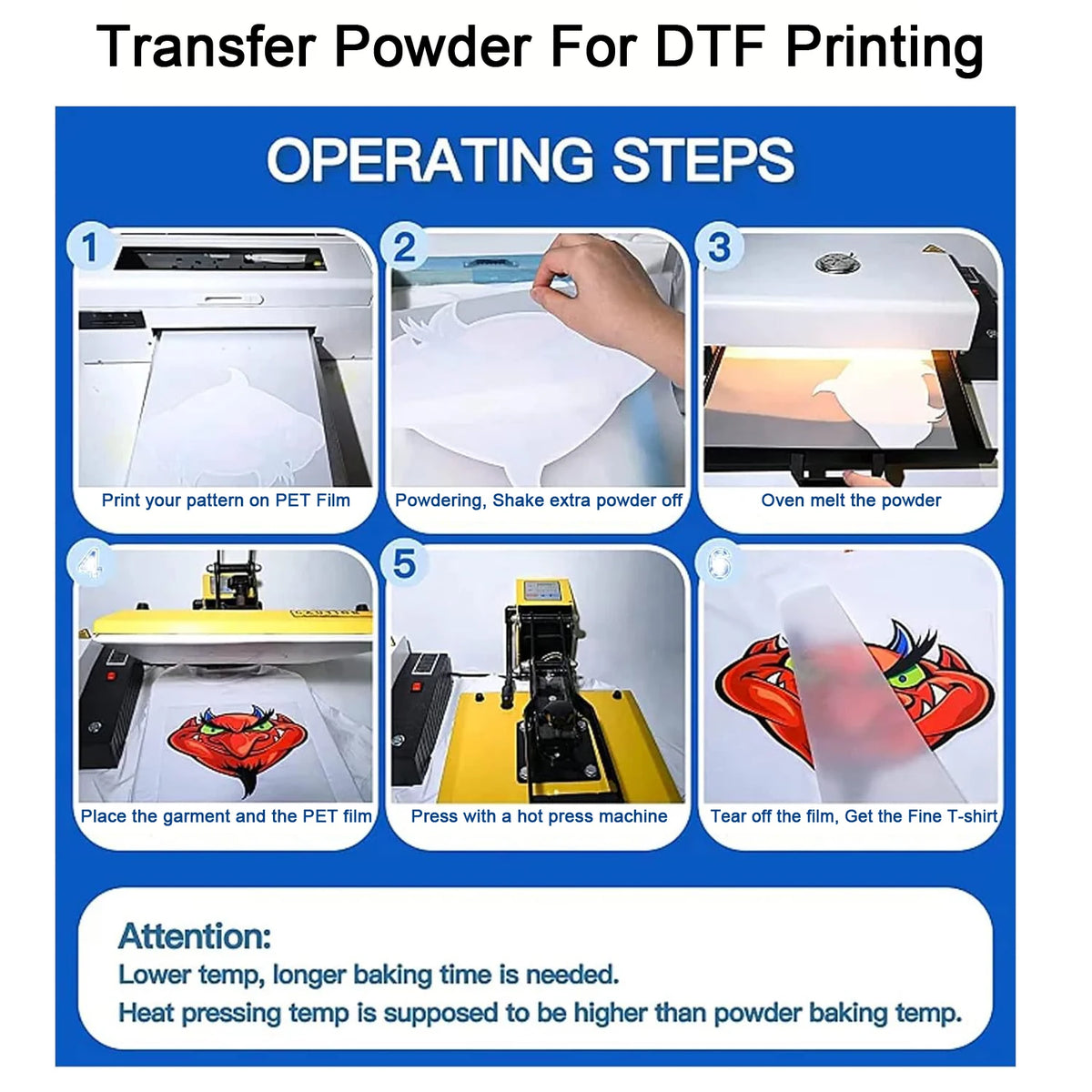 Instructions for using transfer powder for DTF printing, showing steps from printing to heat pressing.