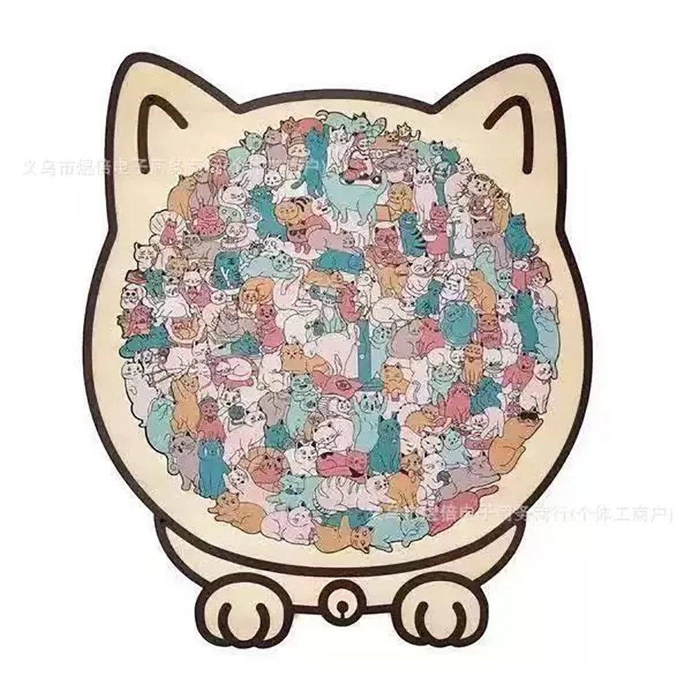 A wooden jigsaw puzzle shaped like a cat, featuring many small pieces in pastel colors.