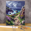 A painting of a rugged coastal landscape with purple flowers and rocky cliffs.