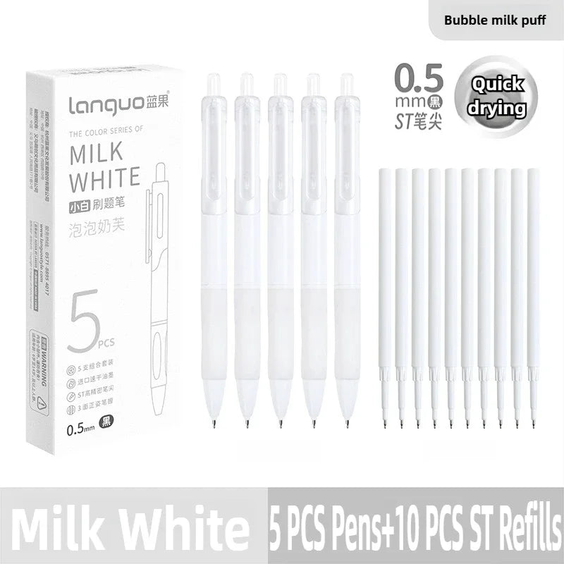 A box and set of five white Languo color series gel pens with 0.5mm tips and ten ST refills for quick drying