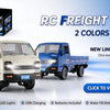 A white and blue RC freight truck model is shown with various accessories like LED lights and batteries.