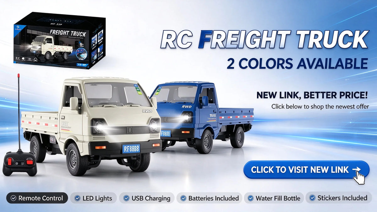 A white and blue RC freight truck model is shown with various accessories like LED lights and batteries.