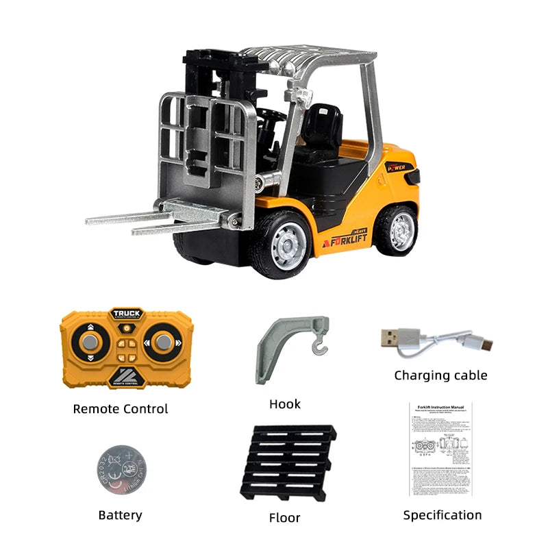 A yellow mini RC forklift excavator with a metal fork, remote control, battery, hook, floor plate, and specification sheet.