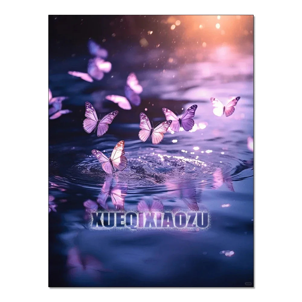 A close-up of a butterfly reflected on dark water with sparkling light and the text XUEOXIIAOZU.