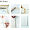 A DIY frame combination kit showing various wood pieces and a finished canvas framed with paint by numbers.