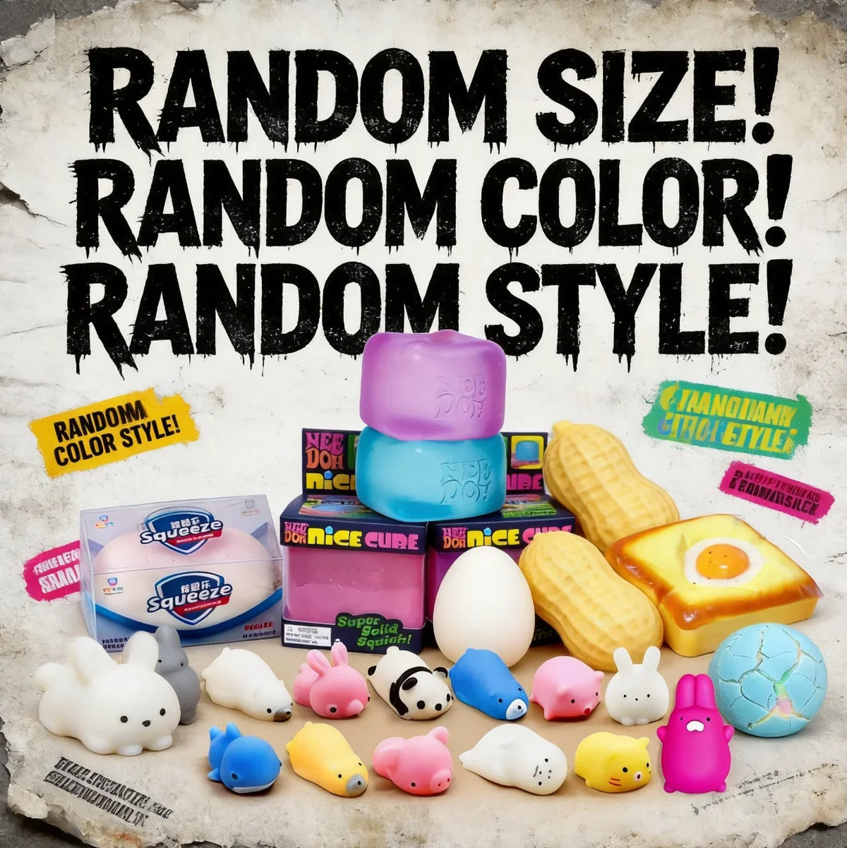 A collection of colorful squishy toys shaped like animals and other figures displayed on a textured surface.