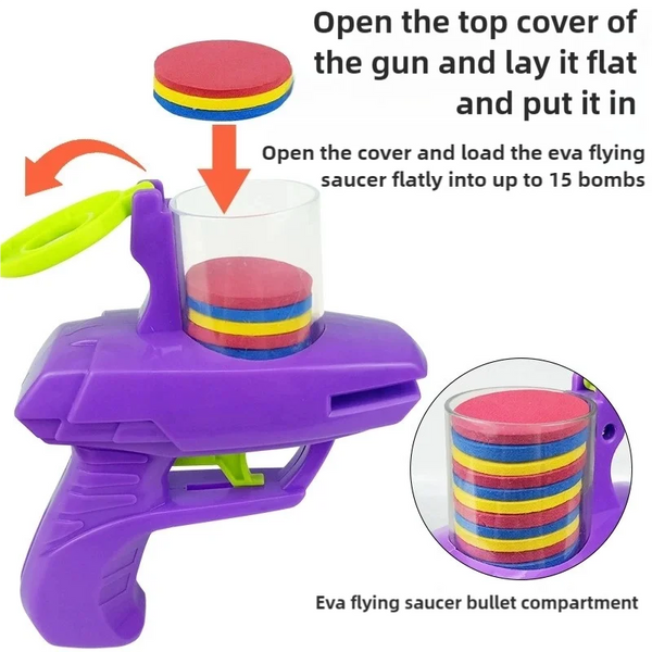 A purple foam disc launcher with a clear cylinder showing stacked colored discs for loading bullets.