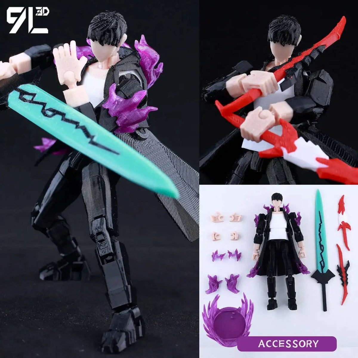 Fully articulated action figure of Jujutsu Kaisen Yuji Itadori in black and white attire with a pink sword accessory.