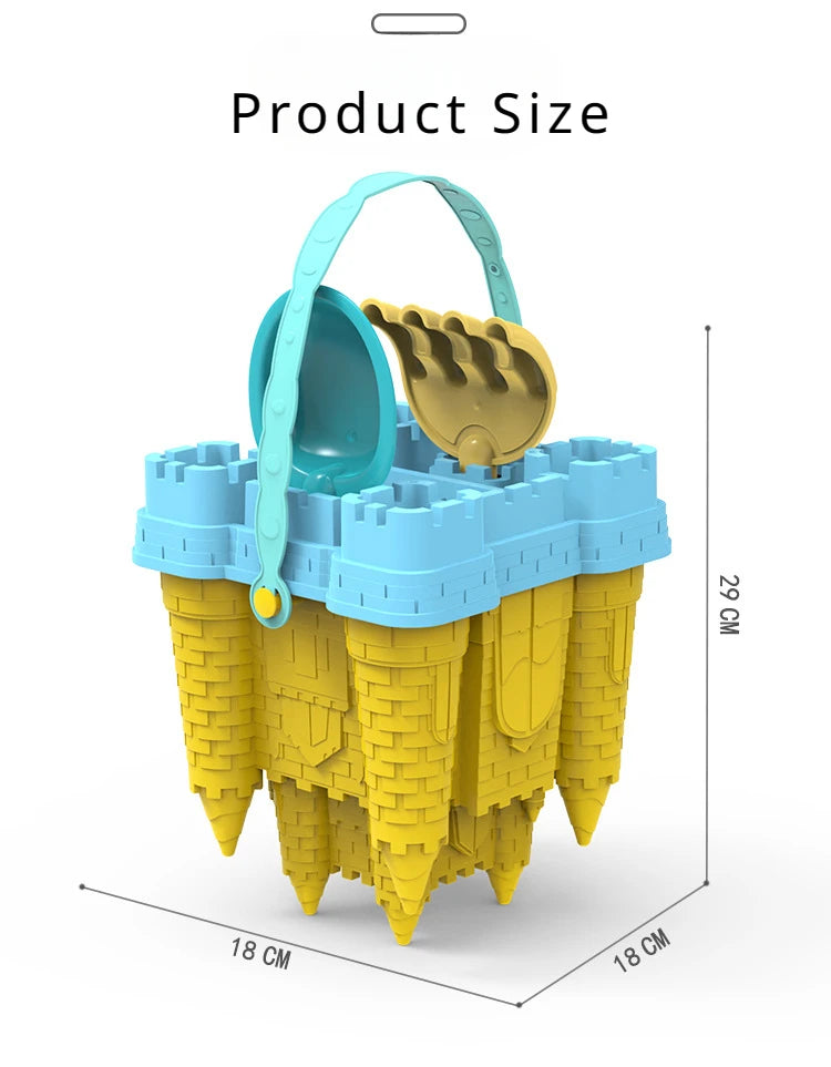 A yellow castle sand play set with a blue bucket and scoop, shown from above.