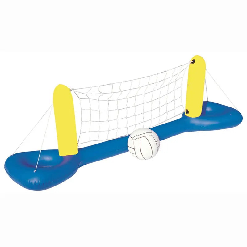 A blue inflatable water volleyball set with yellow posts and a white ball.