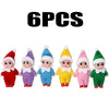 Six plush Christmas elf dolls in various colors and outfits.
