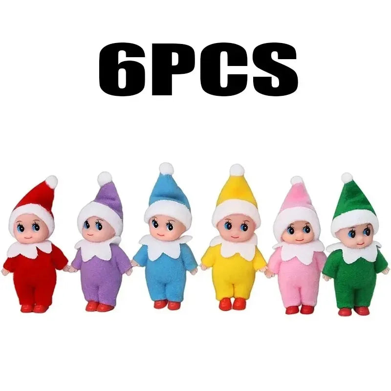 Six plush Christmas elf dolls in various colors and outfits.