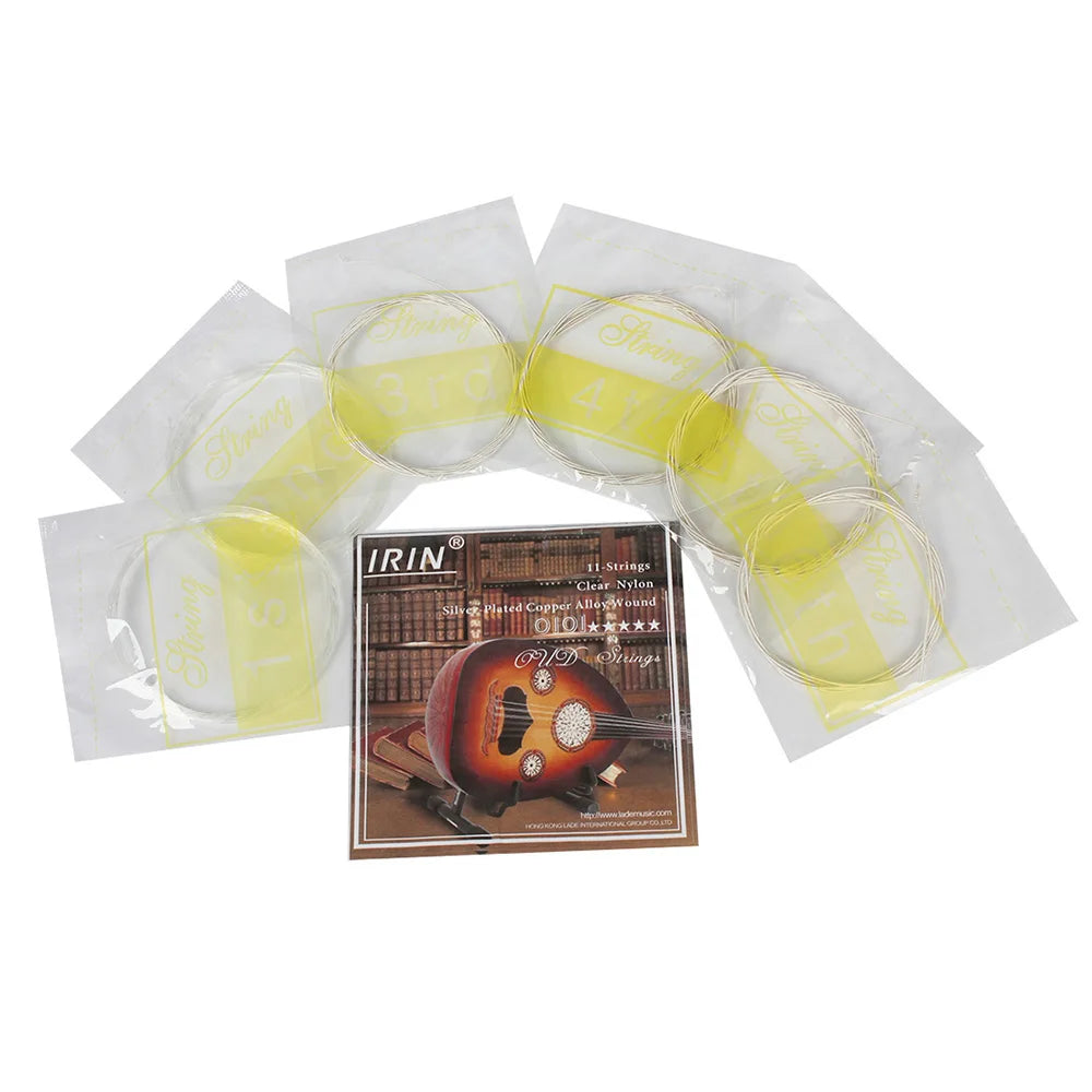 A set of premium oud strings including nylon and silver-plated copper alloy strings packaged in clear plastic bags.