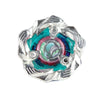 Silver metal spinning top with a clear blue-green center and a purple accent.