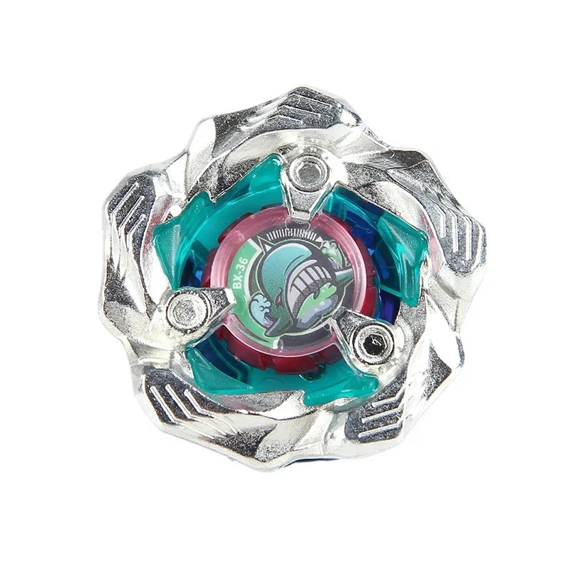 Silver metal spinning top with a clear blue-green center and a purple accent.