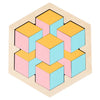 A wooden tangram puzzle board with ten colored square pieces arranged in a hexagonal pattern.