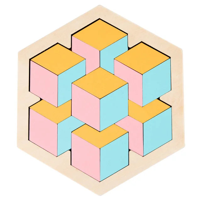 A wooden tangram puzzle board with ten colored square pieces arranged in a hexagonal pattern.