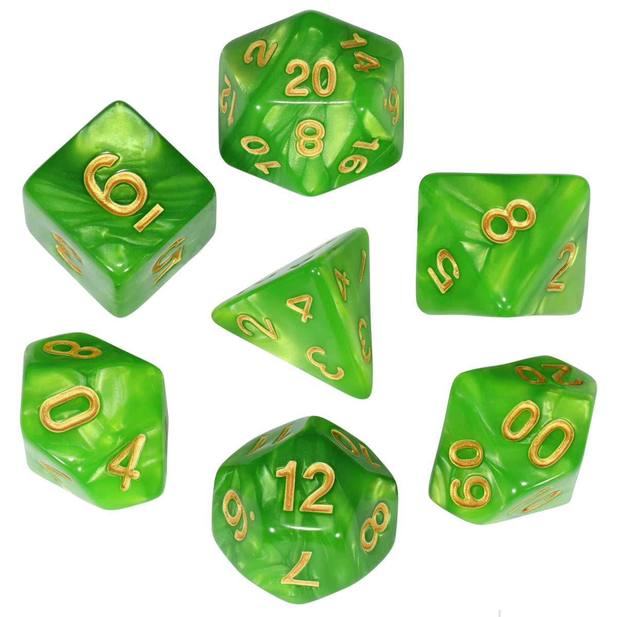 A set of seven green marble effect polyhedral dice showing various numbers and angles.