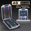 A set of 24 dual-tip glitter brush markers with metallic finish and a flash marker box.