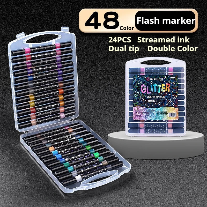 A set of 24 dual-tip glitter brush markers with metallic finish and a flash marker box.