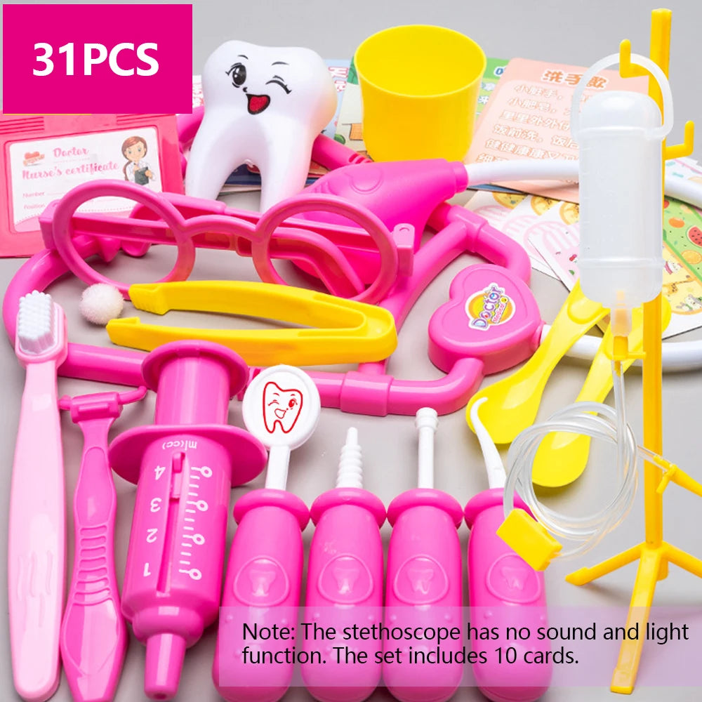 A pink and yellow kids doctor pretend play medical kit including a stethoscope, various tools, and 10 cards.