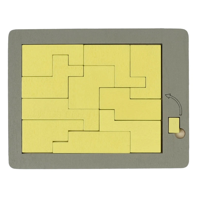 A wooden geometric brain teaser puzzle featuring interlocking yellow pieces arranged in a maze pattern on a gray board.