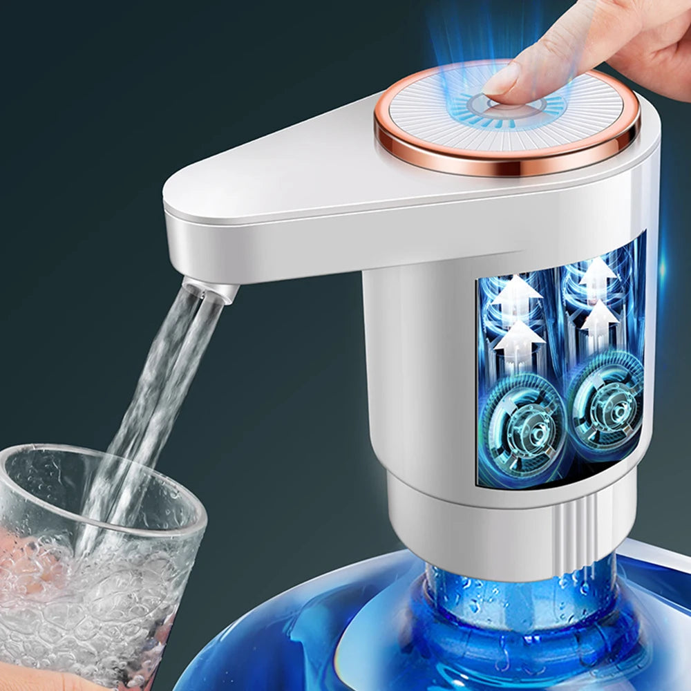 A hand is dispensing water from a white electric dispenser pump into a glass, showing the dual outlet mechanism.