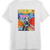 A white t-shirt featuring a colorful graphic design with a skull and text on the front.
