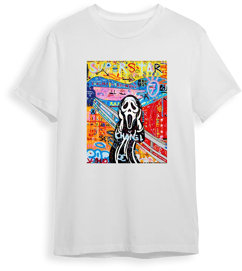A white t-shirt featuring a colorful graphic design with a skull and text on the front.