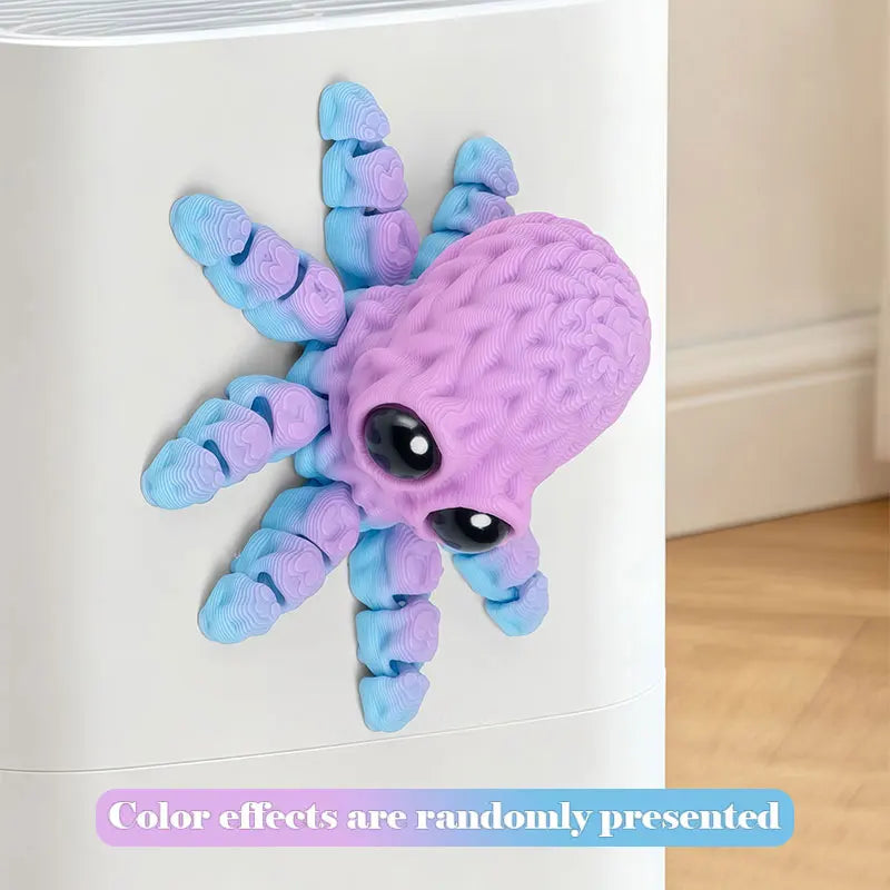 A purple and blue 3D printed articulated octopus fridge magnet with textured tentacles