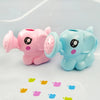 Two plastic elephant bath toys, one pink and one light blue, are shown on a white surface.