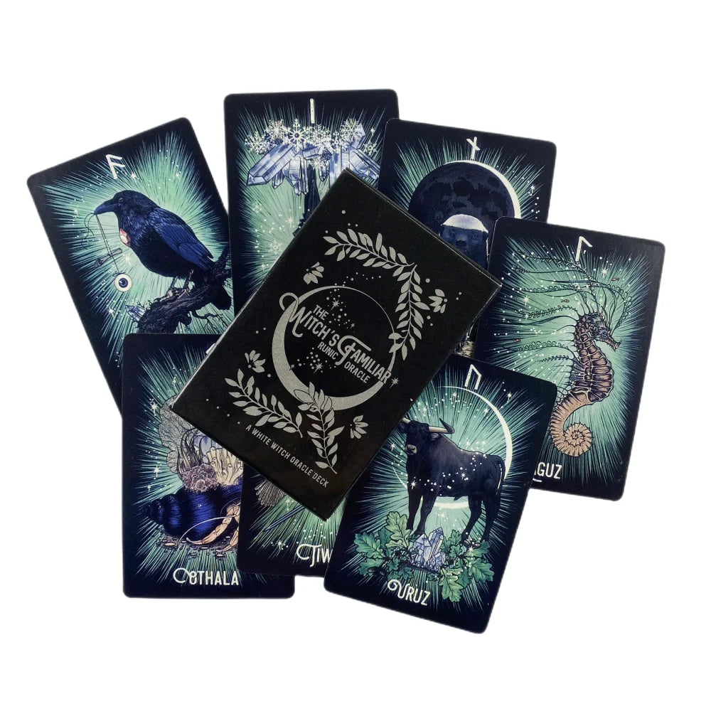 A collection of dark green and black oracle cards featuring runic symbols, celestial bodies, and animal figures.