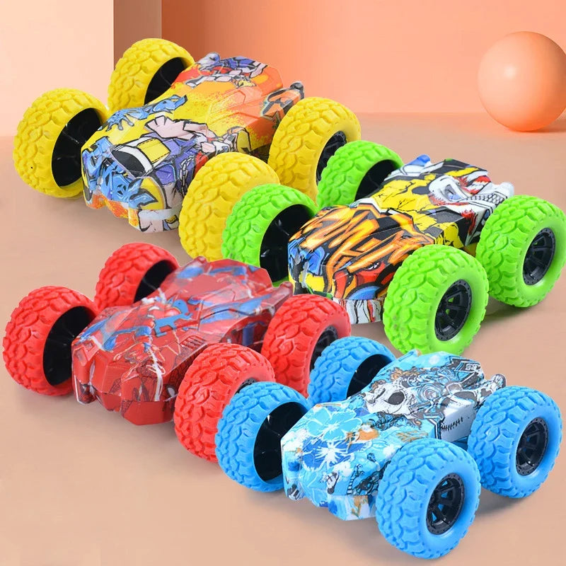A collection of colorful pull-back inertia car toys with flip-over action in various bright colors like yellow, green, red, a