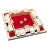 A wooden shut the box dice game set with a red board and wooden dice for 2 to 4 players.