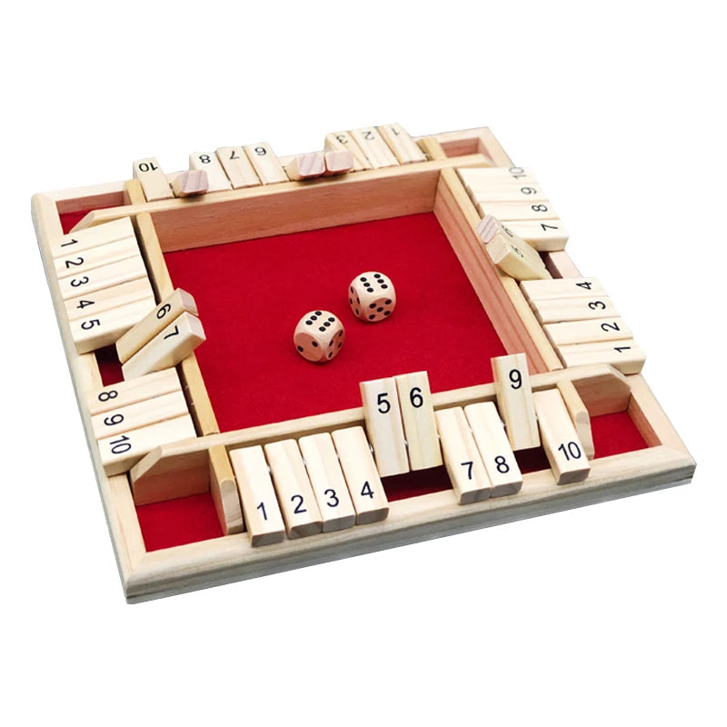 A wooden shut the box dice game set with a red board and wooden dice for 2 to 4 players.