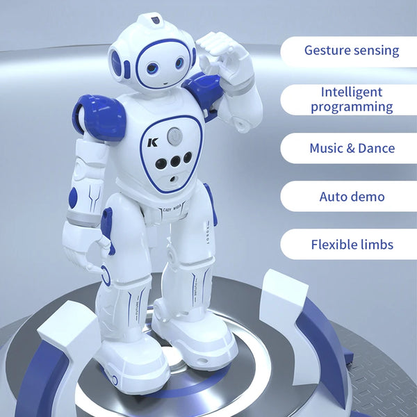 Robot dansant interactif blanc avec accents bleus sur une plateforme circulaire.