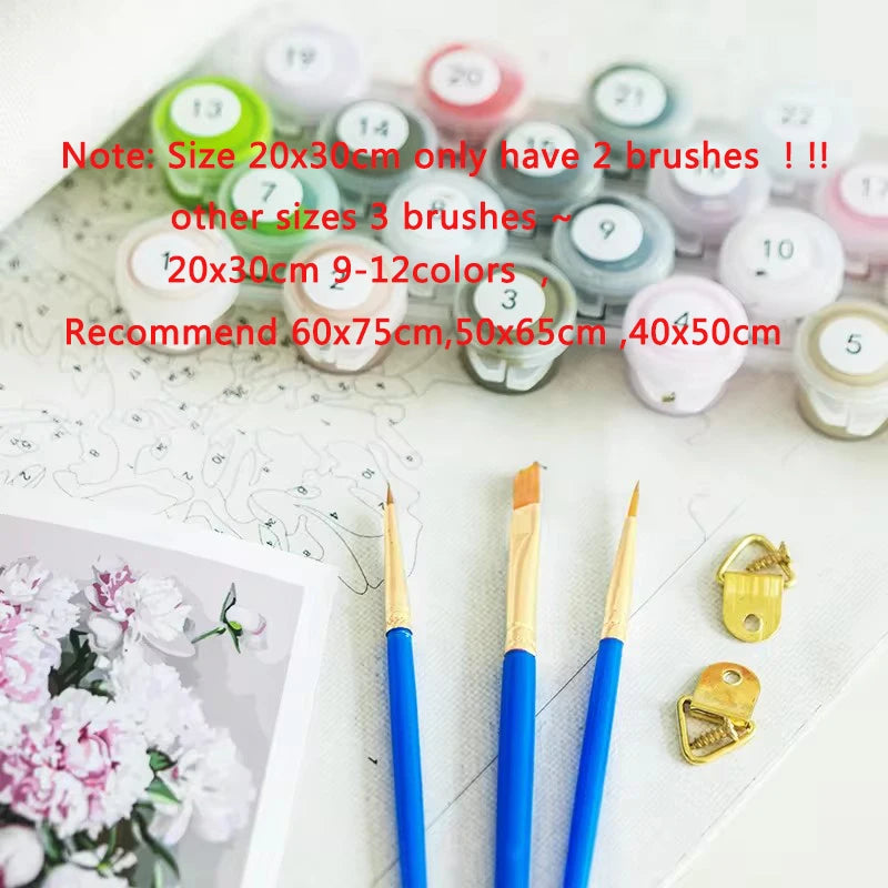 A collection of paint brushes and paint colors for a DIY sunflower paint by numbers kit.