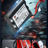 A close-up of a Li-ion battery and various components for an RC racing boat, including a brush motor and a remote control.