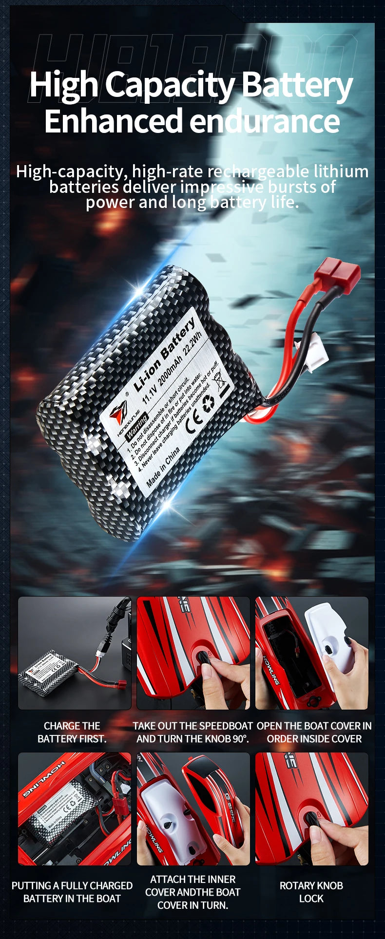 A close-up of a Li-ion battery and various components for an RC racing boat, including a brush motor and a remote control.