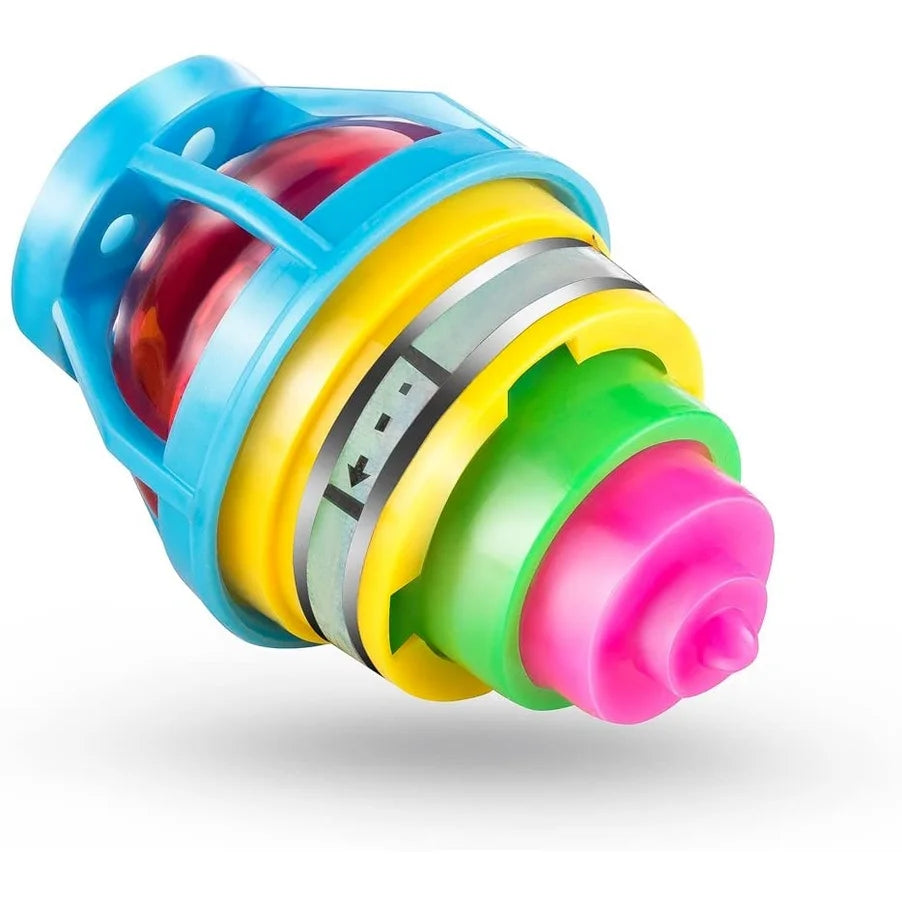 A glowing spinning top toy featuring multiple colored plastic components and LED lights.