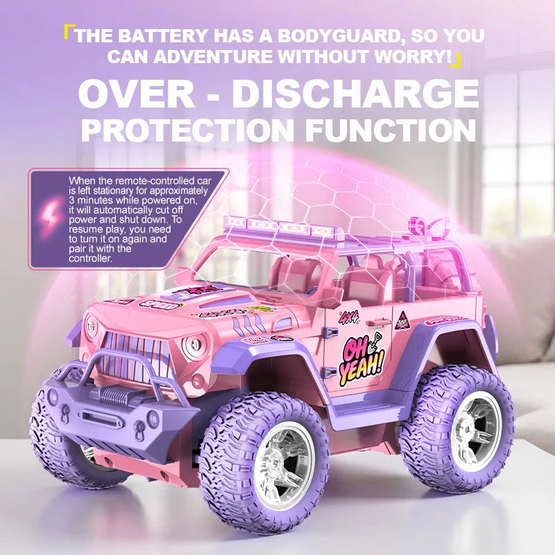 A pink 1:16 scale remote control off-road car with purple tires and lights, featuring over-discharge protection.