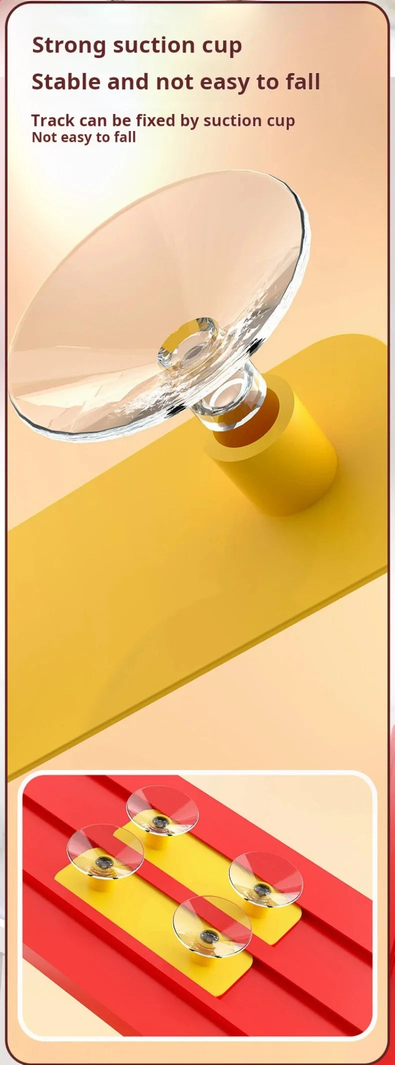 A clear suction cup fitting is shown attached to a yellow track piece, demonstrating a stable connection for a DIY racing car