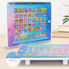 A purple interactive learning tablet displaying colorful educational icons for kids.