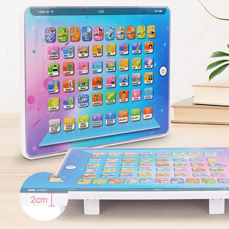 A purple interactive learning tablet displaying colorful educational icons for kids.