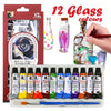 A set of 12 glass colours for watercolor and acrylic art projects, including bottles and paint tubes.